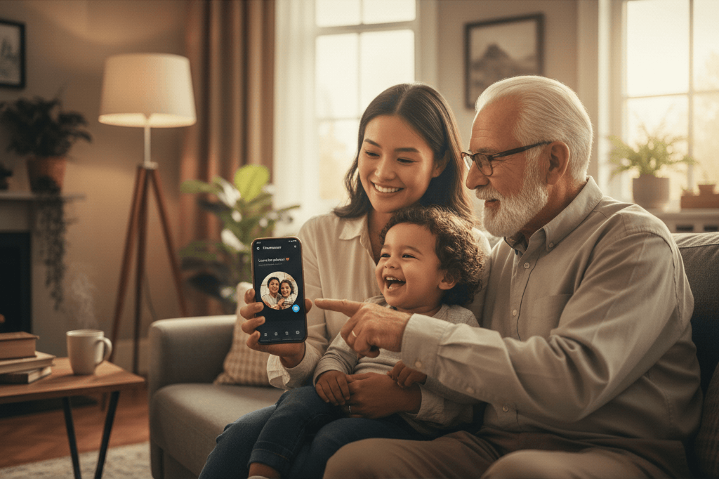 Happy family looking at Connect Messenger on their mobile device